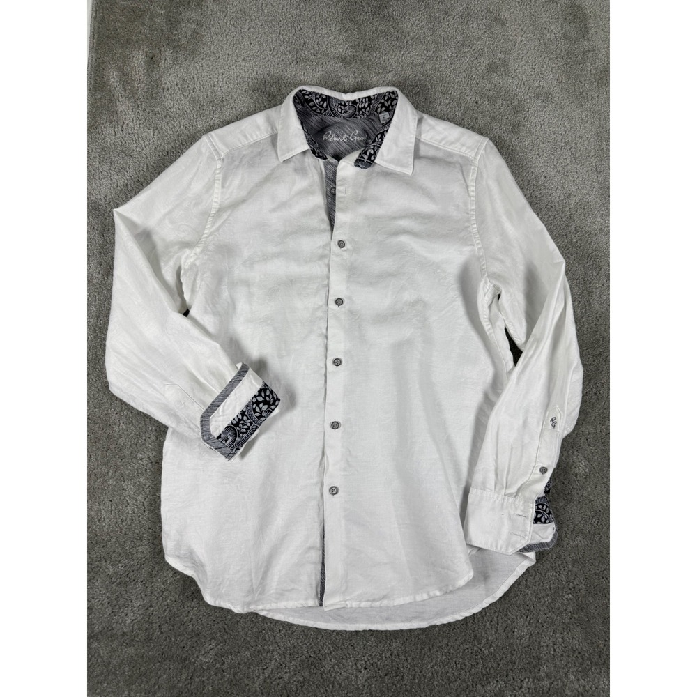Robert Graham Mens White Linen Cotton Paisley Jacquard Button Down Shirt Medium